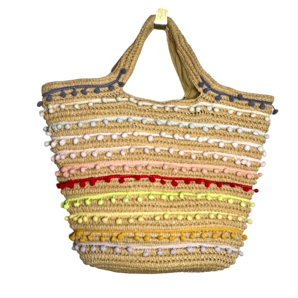Bay Sky Rainbow Pom‎ Pom Straw Tote Beach Bag Boho Summer Woven Handbag - Picture 3 of 12